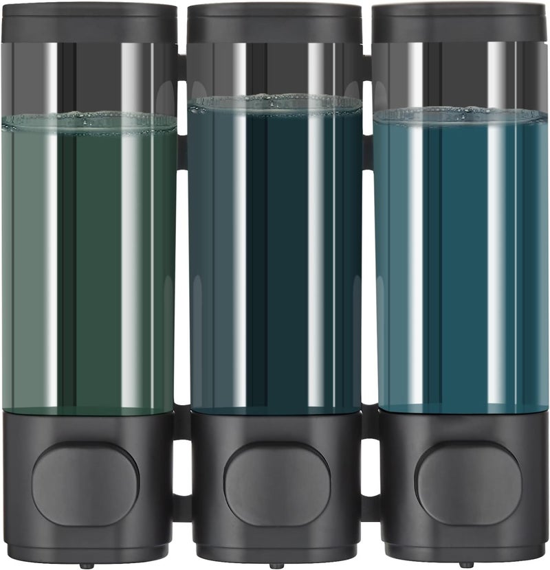 pollock Shower Dispenser 3 Chamber No Drill Shampoo Conditioner Body Wash Dispenser for Bathroom, Large Capacity, Black - Image 1
